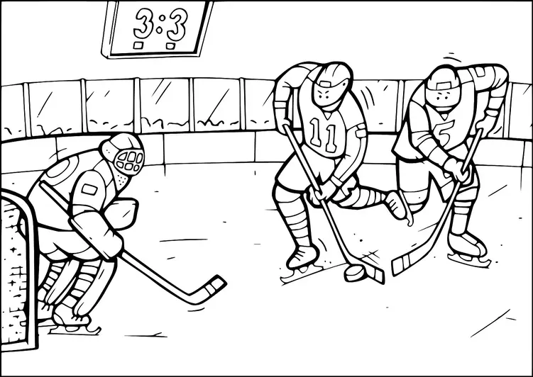 To hockey spillere er i færd med at løbe mod målet, med den ene lige ved at ramme pucken. En målmand står klar foran nettet, klar til at blokere skuddet. Resultattavlen viser uafgjort ved 3-3. Scenen finder sted på en isbane med beskyttende barrierer.