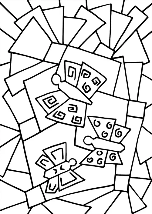 Sommerfugle med geometriske og abstrakte mønstre er det centrale fokus i billedet. De er omgivet af forskellige vinklede former, der danner en kompleks baggrund. Kompositionen kombinerer spiraler og trekanter på sommerfuglenes vinger med en dynamisk række overlappende polygoner. Designet giver en fornemmelse af bevægelse og kompleksitet.