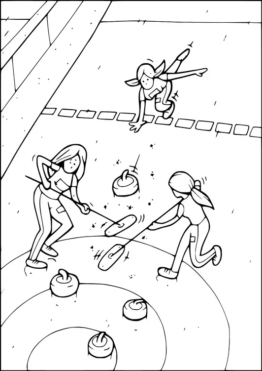 Tre personer spiller et spil curling på en isbane. En person skubber en sten mod et mål, mens to andre bruger koste til at feje isen foran den. Scenen indfanger handlingen og teamworket involveret i sporten. Et cirkulært mål med koncentriske ringe er fremhævet på isen.
