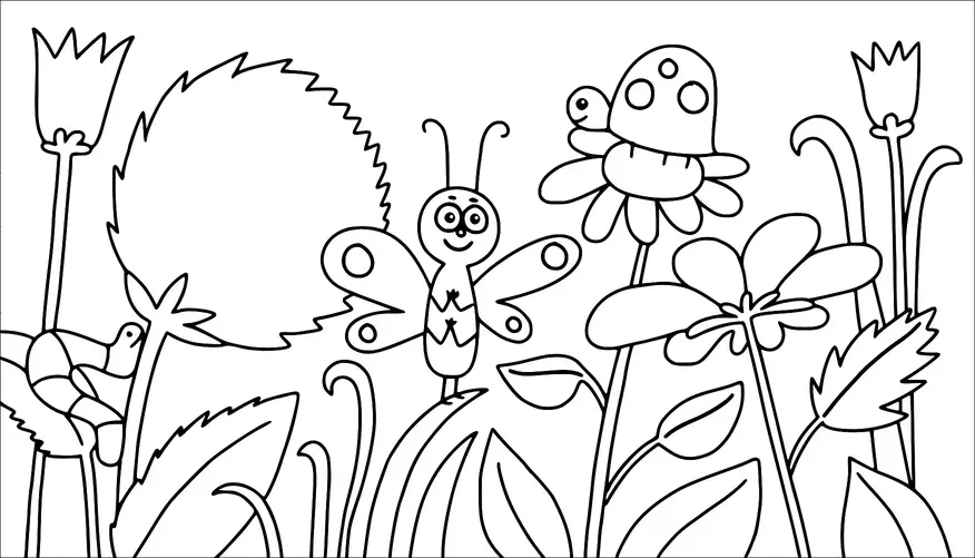 En sommerfugl med cirkulære mønstre på vingerne sidder på et blad i en have scene. Forskellige blomster og planter omgiver sommerfuglen, herunder en svamp på en marguerit. En lille fugl hviler på et blad til venstre. Indstillingen er livlig og fuld af forskellige naturlige elementer.