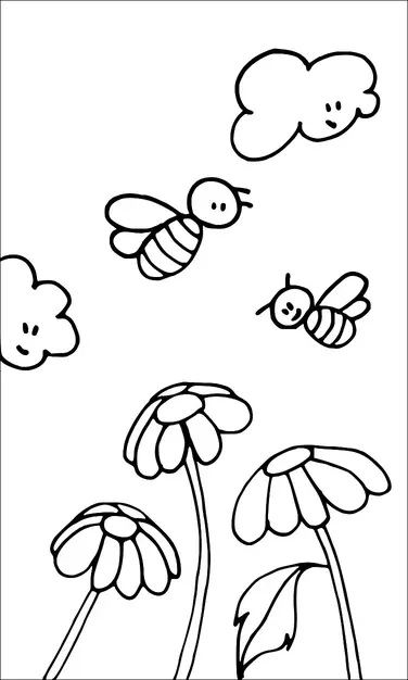 Bier flyver over en gruppe blomster, med smilende skyer på himlen. De to bier har enkle, venlige udtryk. Tre store blomster har kronblade og stængler med et enkelt blad synligt. Skyerne tilføjer et legende præg på scenen.