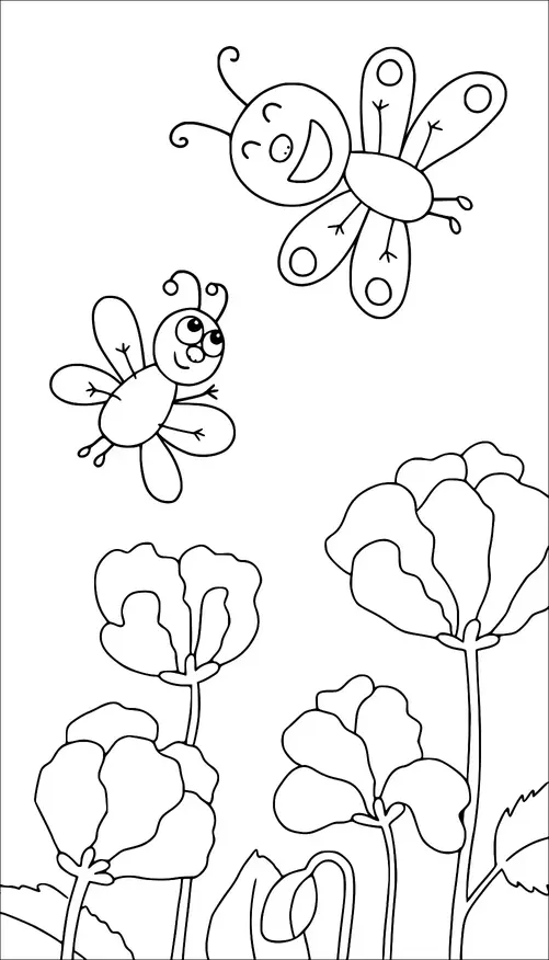 To glade sommerfugle flyver over en have med høje blomster. Den større sommerfugl har et stort smil og udtryksfulde øjne, mens den mindre sommerfugl ser nysgerrig ud. Blomsterne nedenfor har store blomsterhoveder med detaljerede kronblade. Scenen antyder en livlig og legende interaktion i naturen.