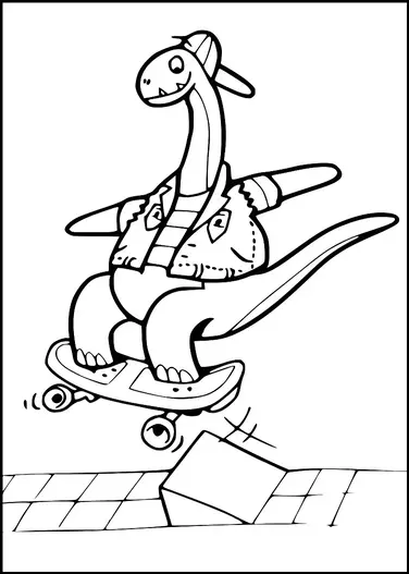 En glad dinosaur kører på skateboard, mens den har en kasket og jakke på. Den laver et hop over en lille forhindring på en flisebelagt overflade. Dinosaureren har et bredt smil, og dens øjne er udtryksfulde. Skateboardet er afbildet i luften med bevægelseslinjer, der indikerer bevægelse.