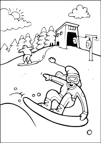 Zwei Snowboarder fahren einen verschneiten Hügel hinunter, umgeben von Kiefern. Ein Snowboarder ist im Vordergrund und zeigt aufgeregt nach oben, während er rutscht. Eine Skihütte und ein Sessellift sind im Hintergrund unter einem teilweise bewölkten Himmel mit strahlender Sonne zu sehen. Schneeflocken sind verstreut, was auf eine lebhafte Winterszene hindeutet.