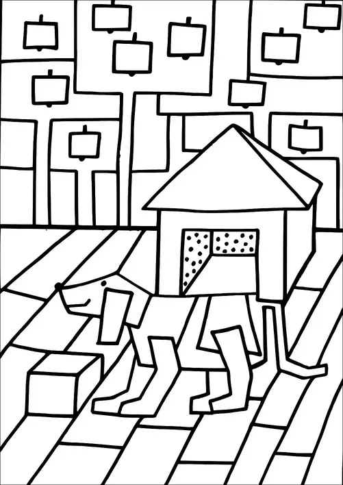Ein geometrisch gestalteter Hund steht vor seinem Haus, umgeben von abstrakten Bäumen. Der Hintergrund besteht aus rechteckigen Gebäuden und einem gefliesten Vordergrund. Der Hund ist neben einem würfelförmigen Objekt positioniert. Die Hundehütte verfügt über eine gemusterte Türöffnung.