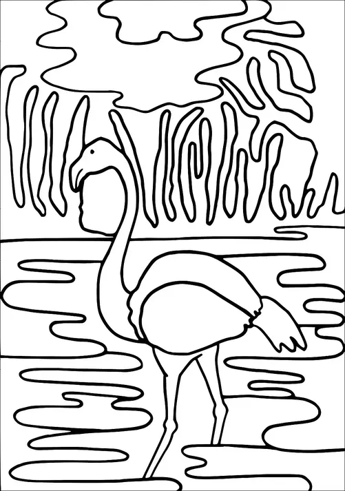 Ein Flamingo steht in seichtem Wasser, umgeben von hohem Gras. Das Wasser hat sanfte Wellen und am Himmel sind stilisierte Wolken zu sehen. Der lange Hals und die langen Beine des Flamingos sind auffällig. Die Szene ist friedlich und natürlich.