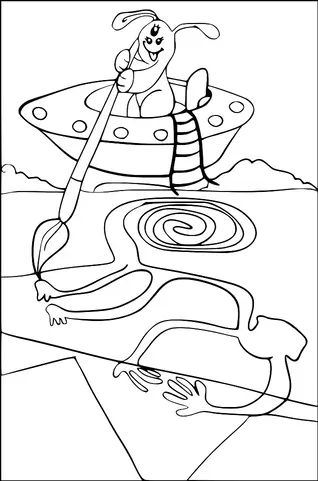 Ein freundlicher Außerirdischer mit einem dritten Auge sitzt auf einem UFO und hält einen riesigen Pinsel. Der Außerirdische malt einen gewundenen Pfad, der einem Fluss ähnelt, auf den Boden darunter. Im Hintergrund sind fantasievolle Berge zu sehen. Die Landschaft und die Szenerie deuten auf eine kreative, fantasievolle Szene hin.