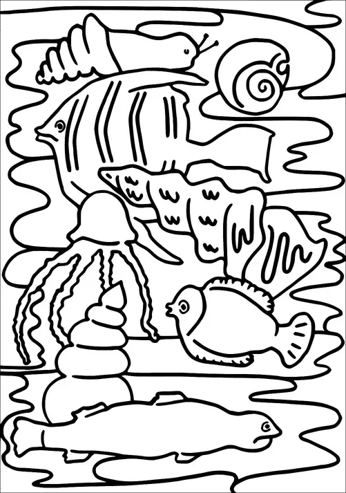 Schnecken, Fische, Korallen und Seetang schaffen eine Szene des Meereslebens. Ein Oktopus ist neben verschiedenen Muscheln sichtbar. Die Unterwasserlandschaft ist reich an verschiedenen aquatischen Kreaturen und Elementen. Wellenlinien deuten fließendes Wasser um diese Ozeanbewohner an.