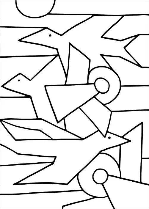 Vögel mit geometrischen Formen sind in einem abstrakten Muster vor einem Hintergrund aus horizontalen Linien ineinander verflochten. Jeder Vogel hat ausgeprägte Flügel und einen Schnabel und ist mit einfachen Linien gezeichnet. Es gibt kreisförmige Formen, die sich mit den Vögeln überschneiden und dem Design Komplexität verleihen. Die Komposition vermittelt ein Gefühl von Bewegung und Interaktion unter den Vögeln.