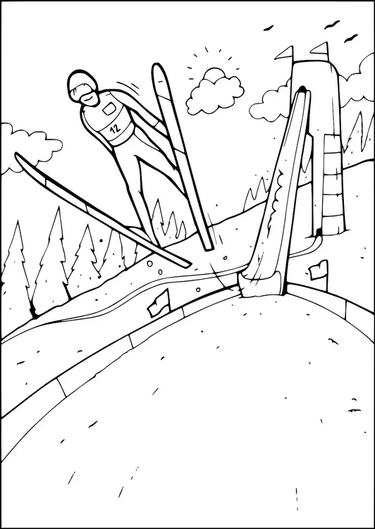 Ein Skispringer befindet sich mitten in der Luft während eines Sprungs, umgeben von einer verschneiten, bergigen Landschaft. Hohe Kiefern säumen den Hintergrund und auf einer Seite ist ein Skisprungschanze sichtbar. Die Sonne scheint mit ein paar Wolken am Himmel. Der Skispringer trägt eine nummerierte Startnummer, was auf einen Wettkampf hinweist.