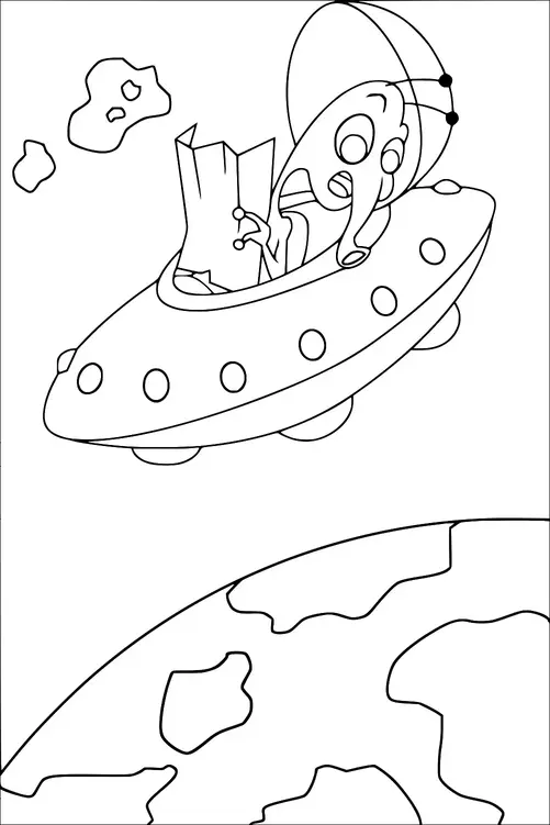 Ein Außerirdischer navigiert ein fliegendes Ufo und hält dabei eine Karte, während in der Nähe Asteroiden schweben. Das Raumschiff schwebt über einem Planeten, der der Erde ähnelt. Der Außerirdische scheint verwirrt oder verloren zu sein. Die Szene deutet auf ein Erkundungs- oder Abenteuerthema im Weltraum hin.