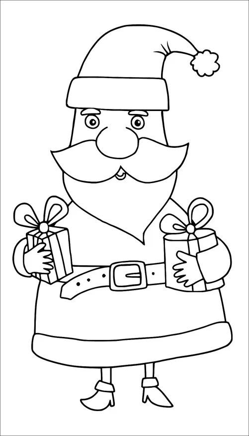 Der Weihnachtsmann hält zwei Geschenke, jedes mit einer Schleife verpackt. Er hat einen fröhlichen Ausdruck, komplett mit einer flauschigen Mütze und einem großen Gürtel. Sein Bart ist prominent und er scheint bereit, Geschenke zu liefern. Die gesamte Szene ist festlich und fröhlich.