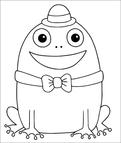 Ein fröhlicher Frosch ist mit einem Hut und einer Fliege geschmückt und sitzt aufrecht. Er hat ein breites Lächeln und große, ausdrucksstarke Augen. Die Beine des Frosches sind in einer sitzenden Position ausgebreitet. Die Accessoires verleihen ihm ein skurriles und verspieltes Aussehen.