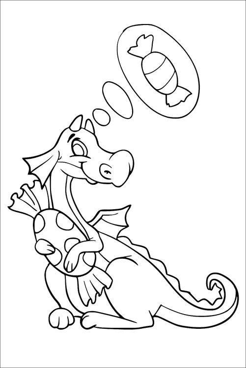 Ein Drache sitzt da und umarmt glücklich ein großes, gepunktetes Bonbon. Er hat einen Ausdruck von Freude im Gesicht. Über seinem Kopf befindet sich eine Gedankenblase, die ein Bild von einem eingewickelten Bonbon enthält. Der Drache wirkt zufrieden und verspielt.