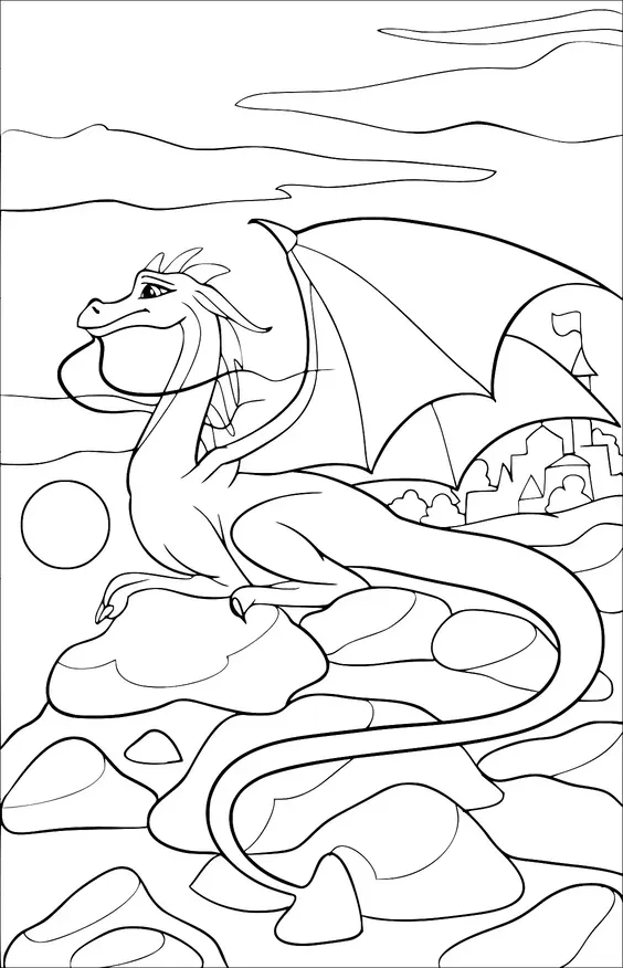 Ein Drache mit großen Flügeln sitzt majestätisch auf einem Haufen Felsen. Im Hintergrund steht eine Burg mit wehenden Flaggen, umgeben von Wolken. Der Drache sieht zufrieden aus mit einem gelassenen Ausdruck, während die Sonne am Horizont untergeht. Die Landschaft vermittelt ein Gefühl von Fantasie und Abenteuer.