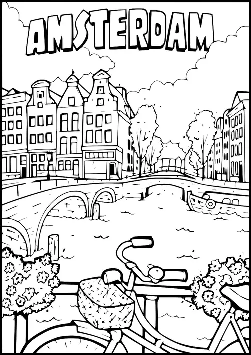 Eine Ansicht von Amsterdam zeigt einen Kanal mit einer klassischen Bogenbrücke, flankiert von charmanten, alten europäischen Gebäuden. Bäume säumen den Kanal und ein Boot schwimmt im Wasser. Ein Fahrrad mit einem Korb steht in der Nähe des Wasserwegs, umgeben von Blumenarrangements. Das Wort "Amsterdam" ist prominent oben angezeigt.