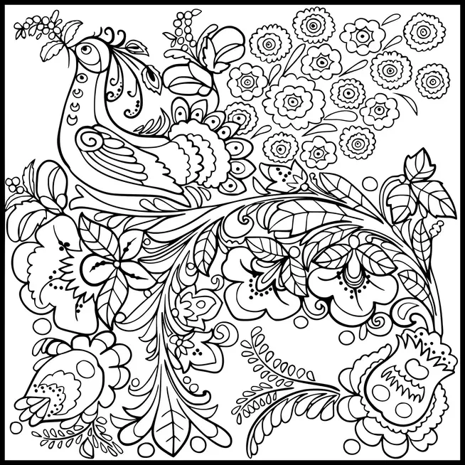 Ein wunderschön detaillierter Vogel ist von einer Vielzahl von Blumen und Blättern umgeben und schafft ein komplexes, ornamentales Design. Florale Muster durchziehen die Szene und verstärken das üppige, dekorative Gefühl des Bildes. Wirbelnde Motive und symmetrische Elemente verleihen der Komposition Eleganz und Ausgewogenheit. Der Vogel, der inmitten der Blüten sitzt, bildet einen Blickpunkt in dem üppigen Garten der Flora.