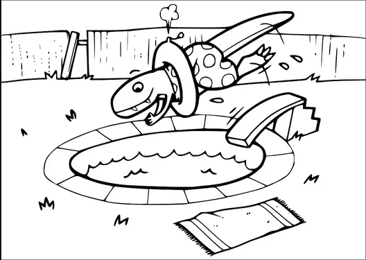 Ein Dinosaurier, der gepunktete Shorts und einen Hut trägt, taucht freudig in einen Swimmingpool ein. Die Szene spielt sich in einem Hinterhof ab, der von einem Holzzaun umgeben ist, auf dem Boden liegt ein kleines Handtuch. Der Dinosaurier befindet sich in der Luft, was auf eine lebhafte Atmosphäre hindeutet. Wasserspritzer sind um den Dinosaurier herum sichtbar und deuten auf den Schwung des Sprungs hin.