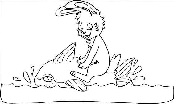 Ein Hase reitet freudig auf dem Rücken eines großen Fisches, der durch das Wasser schwimmt und Spritzer erzeugt. Der Fisch hat auffällige Flossen und einen fröhlichen Ausdruck. Die Szene zeigt eine spielerische Interaktion zwischen dem Hasen und dem Fisch. Beide Charaktere scheinen ihr gemeinsames fantasievolles Abenteuer zu genießen.