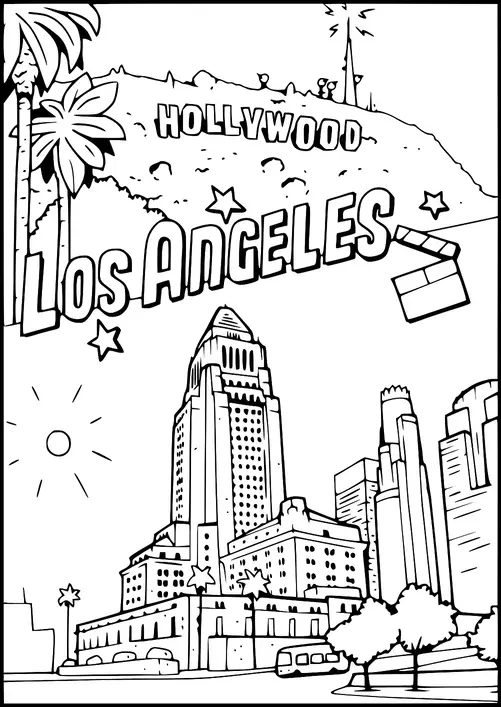 Los Angeles wird mit ikonischen Wahrzeichen wie dem Hollywood-Schriftzug und einem markanten Wolkenkratzer dargestellt. Palmen rahmen die Stadtsilhouette ein, zusammen mit einer Filmklappe, die auf ein filmbezogenes Thema hinweist. Sterne schmücken die Szene und verstärken das Hollywood-Motiv. Die Sonne scheint hell über der städtischen Landschaft.