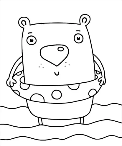 Ein Zeichentrickbär steht im Wasser und trägt einen Schwimmring mit Punktmuster. Der Bär hat einen freundlichen Ausdruck mit runden Augen und kleinen Ohren. Es scheint, als würde er einen Tag am Strand oder im Schwimmbad genießen. Wellen sind unter dem Bär gezeichnet.