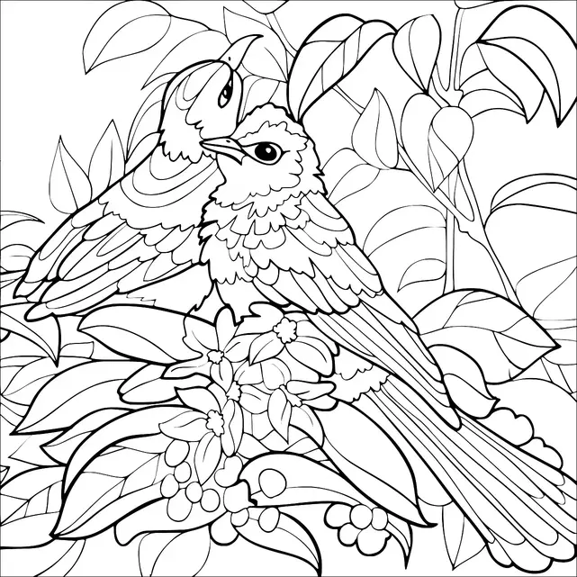 Zwei Vögel sitzen zwischen Blumen und Blättern. Die Szene deutet auf eine lebendige Gartenumgebung hin. Die Details der Vogelfedern sind prominent dargestellt. Der Hintergrund ist mit Laub und Beeren gefüllt.