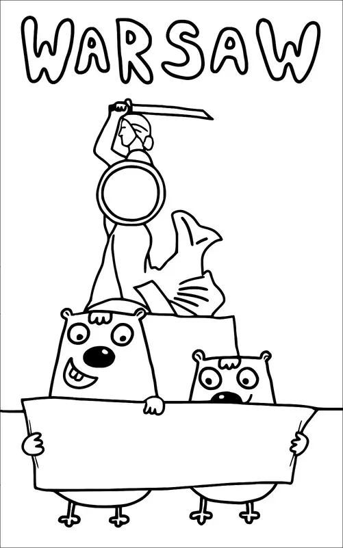 Zwei Cartoon-Tiere halten ein leeres Schild vor der Warschauer Meerjungfrau-Statue. Der Text "WARSCHAU" ist in großen Buchstaben über ihnen geschrieben. Die Statue stellt eine Meerjungfrau mit einem Schwert und einem Schild dar. Die Szene kombiniert Elemente des ikonischen Symbols von Warschau mit verspielten Charakteren.