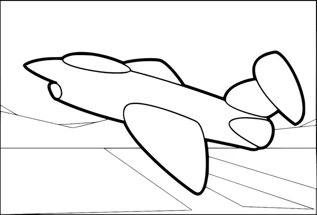 Ein Cartoon-Flugzeug fliegt über eine Landebahn mit Bergen im Hintergrund. Das Flugzeug hat große Flügel und ein sichtbares Cockpit. Die Landebahn ist unter dem Flugzeug skizziert. Die Berge sind mit einfachen Linien in der Ferne dargestellt.