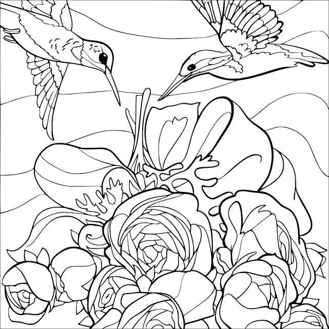 Zwei Kolibris schweben über einem Blumenstrauß und scheinen Nektar aus einer großen Blüte zu schlürfen. Das Arrangement enthält mehrere Rosen und große Blütenblätter und schafft so eine üppige Blumenszene. Der Hintergrund besteht aus wellenförmigen Mustern, die dem Bild eine Bewegung verleihen. Die gesamte Szenerie deutet auf eine friedliche natürliche Umgebung hin.