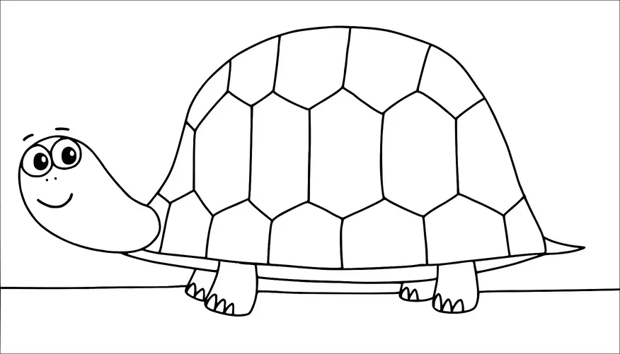 Eine Cartoon-Schildkröte mit einem fröhlichen Ausdruck steht auf einer Linie. Ihr Panzer ist mit hexagonalen Mustern bedeckt und ihre Augen sind groß und ausdrucksstark. Der Kopf der Schildkröte ist leicht zur Seite gedreht. Ihre vier Füße sind unter dem Panzer sichtbar.