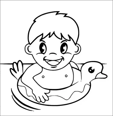 Ein lächelndes Kind spielt im Wasser und schwimmt mit Hilfe eines Enten-förmigen Schwimmrings. Es schaut direkt nach vorne mit einem Ausdruck von Freude. Das Wasser ist ruhig, mit sanften Wellen um den Ring. Das Kind scheint einen sonnigen Tag am Pool oder Strand zu genießen.
