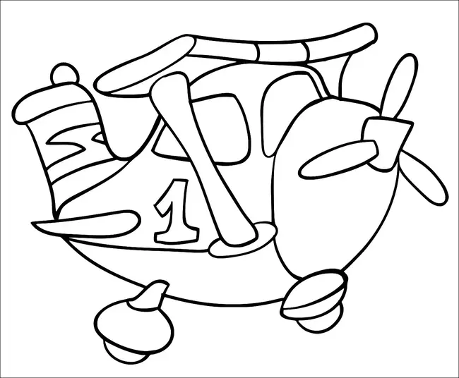 Ein cartoonartiges Flugzeug wird gezeigt, mit einem auffälligen Propeller an der Vorderseite und der Nummer "1", die auf seiner Seite angezeigt wird. Die Flügel sind kurz und breit und das Heck weist dekorative Streifen auf. Das Flugzeug hat kleine Landräder und einen großen Kabinenbereich. Insgesamt ist das Design verspielt und einfallsreich.