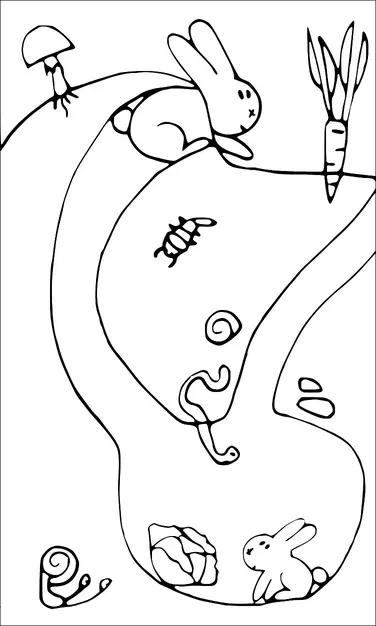 Ein Hase befindet sich auf einem Hügel mit einer Karotte, während ein anderer Hase neben einem Kohl unter der Erde sitzt. Kleine Kreaturen wie eine Raupe und ein Wurm sind ebenfalls vorhanden. Ein Pilz wächst auf dem Hügel und eine Schnecke ist in der Nähe der Basis.