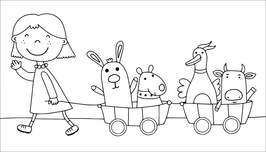 Ein lächelndes Mädchen zieht einen Wagen mit einer Parade fröhlicher Tiere, darunter ein Hase, ein Nilpferd, eine Ente und eine Kuh. Jedes Tier sitzt bequem in einem separaten Abteil des Wagens und schaut alle freudig nach vorne. Das Mädchen geht voraus und winkt mit einer Hand, während sie zieht. Die Szene vermittelt eine spielerische und freundliche Atmosphäre.