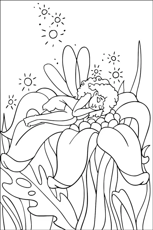 Eine Fee mit lockigem Haar schläft friedlich auf einer großen Blume. Zarte Flügel sind sichtbar und sie ist umgeben von mehreren kleinen leuchtenden Kugeln, die Glühwürmchen ähneln. Die Szene spielt in einer skurrilen Gartenlandschaft. Große Blätter und Blütenblätter tragen zur Üppigkeit der Szene bei.