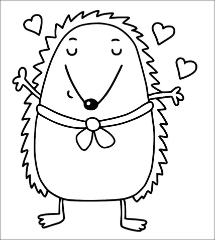Ein lächelnder Igel steht mit weit ausgebreiteten Armen da und wirkt freudig. Er trägt einen Schal, der um seine Mitte gebunden ist. Herzen schweben herum, was auf ein Thema der Liebe oder des Glücks hindeutet. Der Igel hat kleine Augen und einen einfachen, glücklichen Ausdruck.