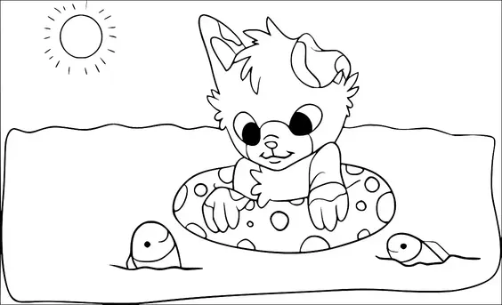 Ein Cartoon-Kätzchen schwebt glücklich in einem Pool auf einem gepunkteten aufblasbaren Ring, während zwei kleine Fische spielerisch aus dem Wasser in der Nähe hervorspringen. Eine helle Sonne scheint am Himmel und deutet auf einen warmen, sonnigen Tag hin. Das Kätzchen wirkt zufrieden und entspannt in seiner aquatischen Umgebung.
