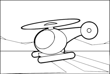 Ein Hubschrauber mit zwei Rotoren ist vor einer Bergkulisse platziert. Die Landschaft zeichnet sich durch ein flaches Gelände aus, von dem lange Schatten vom Hubschrauber ausgehen. Das Design ist einfach und konzentriert sich auf das Fahrzeug und seine Umgebung. Der Himmel ist klar, was die offene und weite Natur der Szene betont.