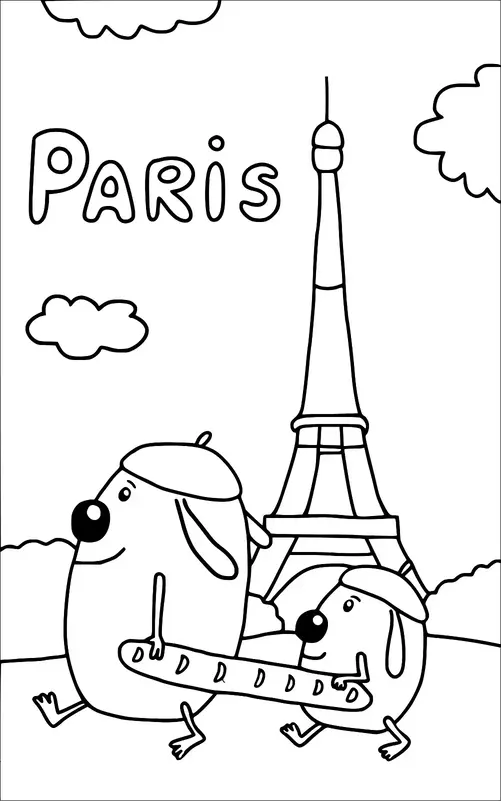 Zwei Hunde mit Baretten gehen vor dem Eiffelturm und tragen ein Baguette. Das Wort "Paris" steht über ihnen. Flauschige Wolken schweben am Himmel. Die Szene vermittelt einen spielerischen Blick auf die Pariser Kultur.