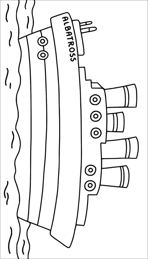 Ein großes Schiff mit dem Titel "Albatros" wird segelnd auf dem Meer dargestellt. Das Schiff hat mehrere runde Fenster und drei Schornsteine. Das Boot bewegt sich zur linken Seite des Bildes. Das Meer wird mit einfachen Wellenlinien dargestellt.