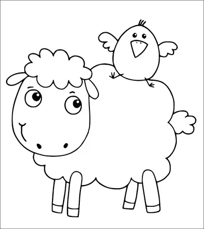 Ein Schaf mit einem flauschigen, runden Körper steht mit einem fröhlichen Ausdruck da. Auf seinem Rücken sitzt ein kleiner Vogel mit offenen Flügeln und einer glücklichen Haltung. Das Schaf hat große, ausdrucksstarke Augen und einen kleinen Schwanz. Der Vogel wird mit einem runden Körper und winzigen Beinen dargestellt.