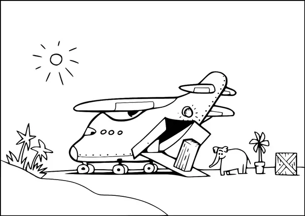 Ein Flugzeug steht auf einer Landebahn mit geöffneter Frachttür und einer Rampe, die zum Boden führt. Ein Elefant steht neben dem Flugzeug, in der Nähe einer Kiste und einer Topfpflanze. Die Sonne scheint hell in einem klaren Himmel. Im Hintergrund sind Palmen zu sehen.