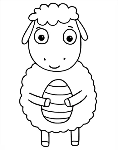 Ein Cartoon-Schaf hält mit beiden Hufen ein gestreiftes Ei. Das Schaf hat ein flauschiges Fell, große runde Augen und ein kleines Lächeln. Das Ei ist im Vergleich zum Schaf groß und hat horizontale Streifen. Die Ohren des Schafs stehen an beiden Seiten seines Kopfes ab.