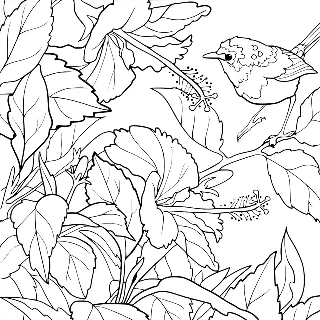 Ein Vogel sitzt auf einem Ast zwischen großen Hibiskusblüten und Blättern. Die Blumen sind detailliert dargestellt, mit ihren charakteristischen Blütenblättern und Staubgefäßen. Der Vogel wirkt aufmerksam, als würde er etwas in der Nähe beobachten. Die Szene ist üppig mit Laub, das die floralen Elemente umgibt.