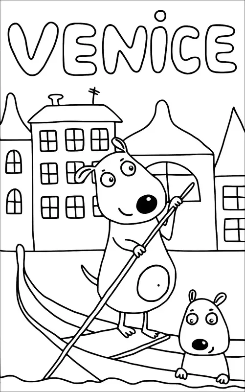 Ein Cartoon-Hund steht in einer Gondel und stakt mit einem Stab, begleitet von einem anderen Tier im Wasser. Sie befinden sich in einem Kanal mit Gebäuden im Hintergrund, was auf eine venezianische Kulisse hindeutet. Das Wort "Venedig" steht über der Szene. Die Gebäude haben verschiedene Fensterformen und Dachstile.