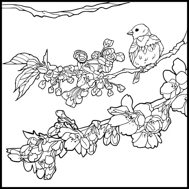 Ein Vogel sitzt auf einem Ast, umgeben von blühenden Blumen. Die Szene hebt zarte Blüten und Blätter hervor und schafft eine ruhige und natürliche Umgebung. Blumenbüschel sind prominent dargestellt und vermitteln eine frühlingshafte Atmosphäre. Der Vogel ist klein und scheint die Ruhe der Szene zu genießen.