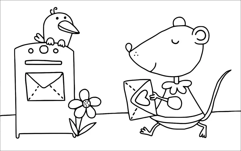Eine Maus hält einen Umschlag mit einem Herz darauf und steht neben einem Briefkasten, auf dem ein Vogel sitzt. Neben dem Briefkasten wächst eine Blume. Die Maus wirkt zufrieden und ist einfach gekleidet. Die Szene deutet auf das Thema Senden oder Empfangen von Post hin.