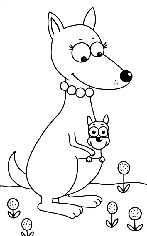 Ein Känguru mit einer Halskette steht mit einem Joey in ihrem Beutel. Sie sind von mehreren Blumen auf dem Boden umgeben. Das Känguru und das Joey haben beide große, ausdrucksstarke Augen.