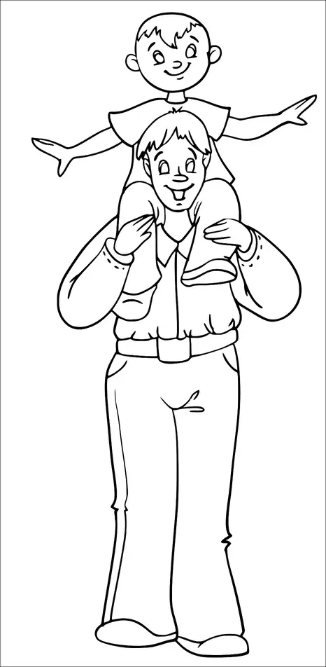 Ein Vater trägt sein Kind auf seinen Schultern, beide lächeln glücklich. Das Kind streckt seine Arme zu beiden Seiten aus. Der Vater trägt eine Jacke und eine Hose. Die Illustration zeigt einen freudigen und spielerischen Moment zwischen den beiden.