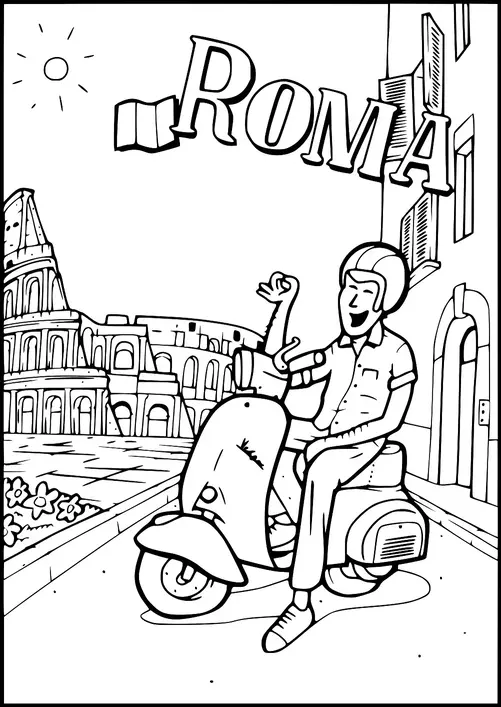 Eine Person, die einen Roller fährt, wird vor dem Kolosseum in Rom gezeigt, die ihre Hand vor Aufregung hebt. Das Wort "ROMA" ist prominent oben dargestellt und die Sonne scheint am Himmel. Blumen säumen den Vordergrund und ein Gebäude ist auf der rechten Seite sichtbar.